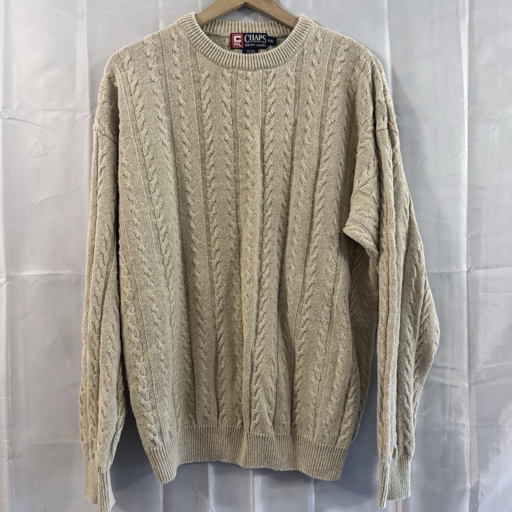 Vtg Chaps Ralph Lauren Tan Linen‎ Blend Cable Knit Fisherman Sweater Mens XXL